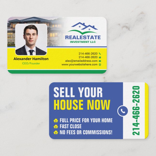 Tarjeta De Visita Realtor, inversionista inmobiliario, con una foto  (Anverso / Reverso)