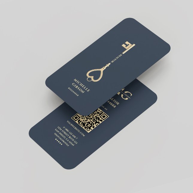 Tarjeta De Visita Realtor Llave dorada azul oscuro Monograma moderno (Realtor Dark Blue Gold Key Monogram Modern Business Card
)
