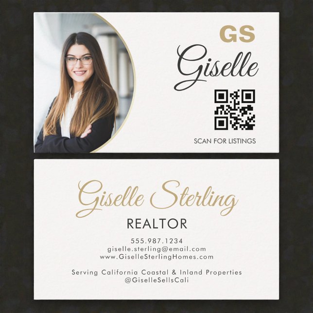 Tarjeta De Visita  Realtor Neutral Gold Photo Monogram QR Code  (Subido por el creador)