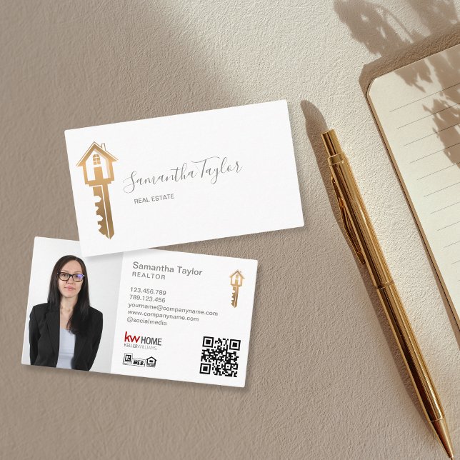 Tarjeta De Visita Realtor Profesional Inmobiliaria Añadir Foto Códig (gold realtor key logo)
