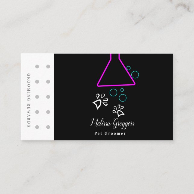 Tarjeta De Visita Recompensa del logotipo Neon Mascota Groomer Suds (Anverso)