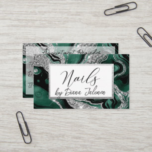 Tarjeta De Visita Recordatorio de cita para uñas Silver Green Marble