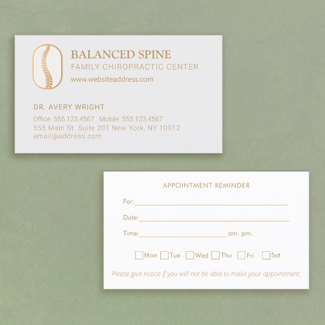 Tarjeta De Visita Recordatorio de nombramiento de quiropráctico (chiropractic appointment reminder card with spine logo and week day schedule)