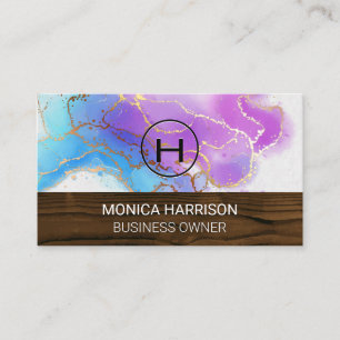 Tarjeta De Visita Recorte de madera   Monograma   Relieve metalizado