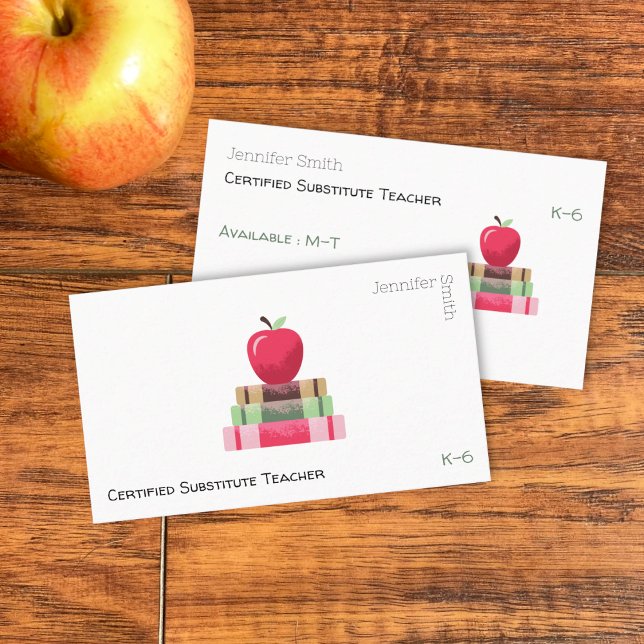 Tarjeta De Visita Red Apple and Books Modern Tutor Business Card (Red apple on book educator white double-sided business card .)