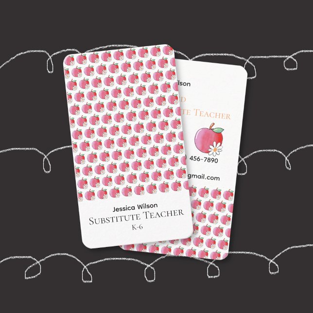 Tarjeta De Visita Red Apple Daisy Pattern Sub Vertical Business Card (Red apple and white flower pattern substitute teacher vertical business card .)
