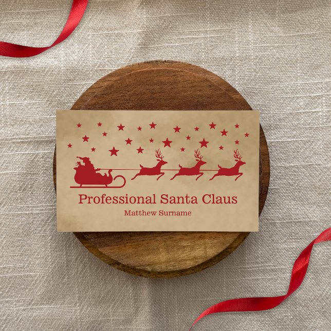 Tarjeta De Visita Red Beige Santa Sleigh Professional Santa Service (Promote your Professional Santa Claus services with the help of this festive business card design.)
