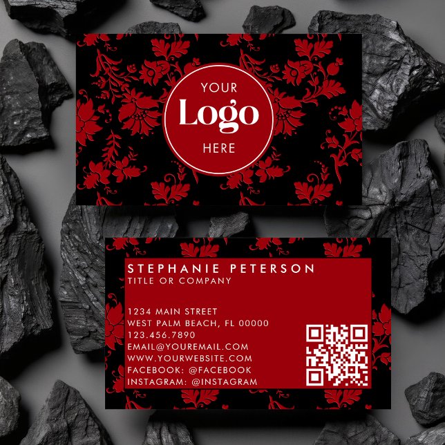 Tarjeta De Visita Red & Black Damask Custom Logo QR Code Template (Subido por el creador)