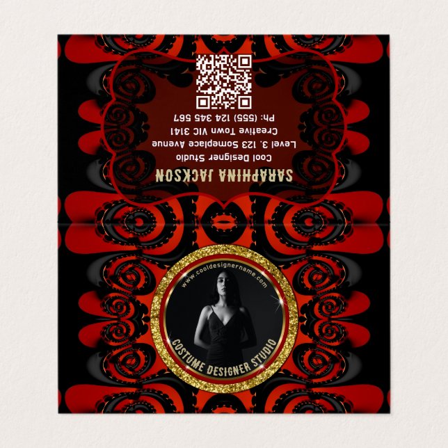 Tarjeta De Visita Red Black + Gold Funky Gothic Creative (Exterior desplegado)