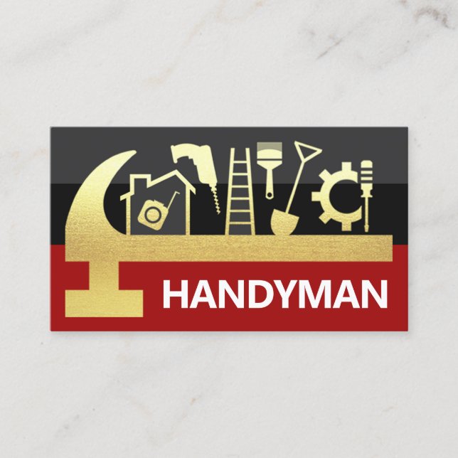 Tarjeta De Visita Red Black Layers Gold Hammer Handyman Tools (Anverso)