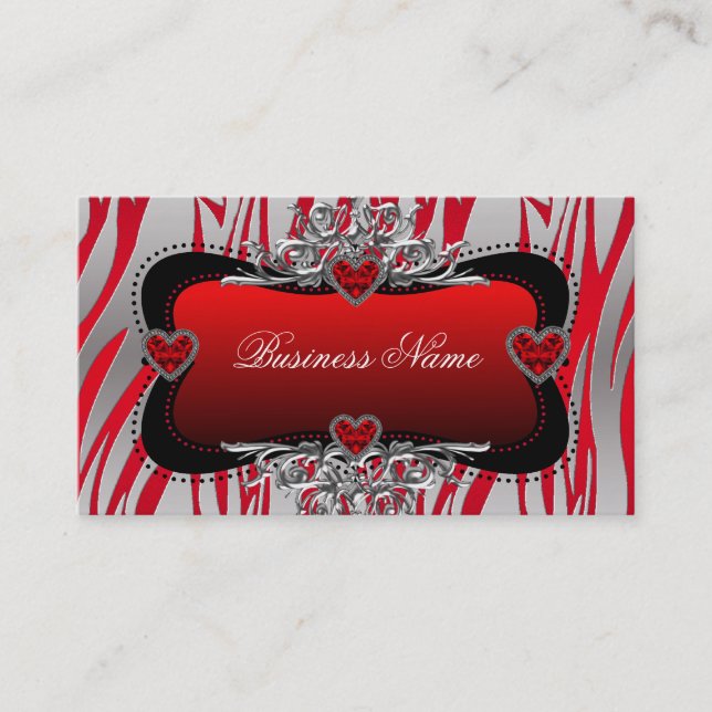 Tarjeta De Visita Red Black Silver Diamond Hearts Zebra Business (Anverso)