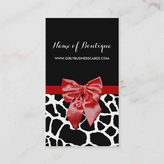 Tarjeta De Visita Red Bow Black and Whtie Giraffe Boutique (Anverso)