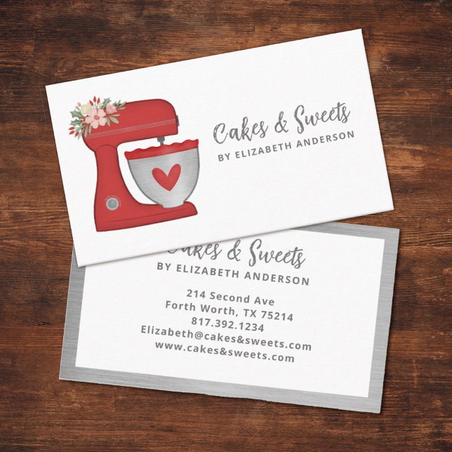 Tarjeta De Visita Red Floral Cake Mixer Bakery Business Card (A cute red floral mixer business card. Personalize it with your name and business info.)