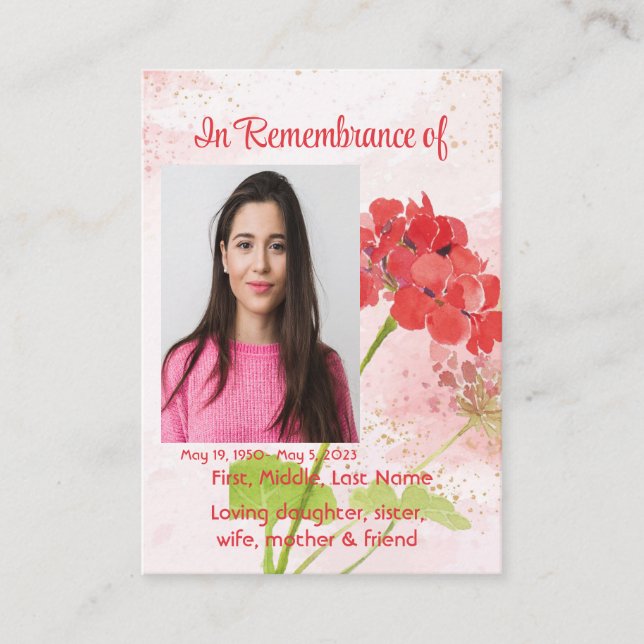 Tarjeta De Visita Red Geranium Memorial Pocket Keepsake (Anverso)