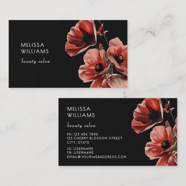 Tarjeta De Visita Red Poppies Flowers Black (Anverso / Reverso)