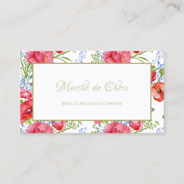 Tarjeta De Visita Red Poppy Floral Gold Script Beltique (Anverso)