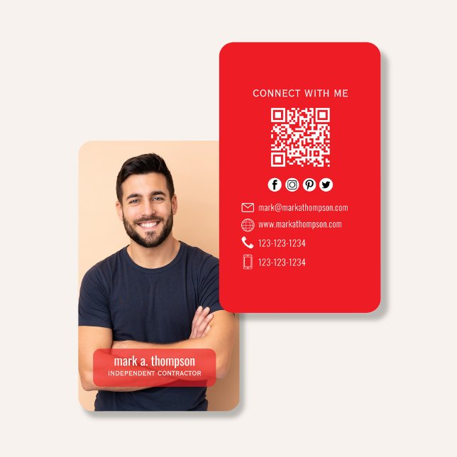 Tarjeta De Visita Red QR Code Photo Connect Modern Minimal (Modern photo business card with QR code in bright red minimalist design)