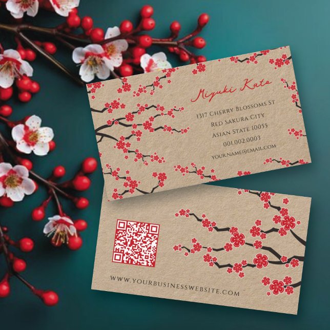 Tarjeta De Visita Red Sakura Flowers Oriental Cherry Blossoms Asian (Red Sakura Flowers Oriental Cherry Blossoms Asian Business Card @ fat_fa_tin)