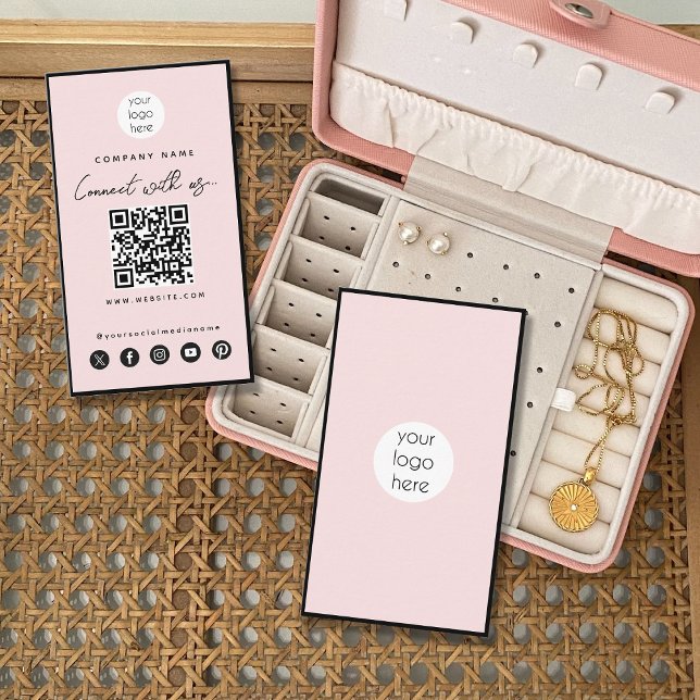 Tarjeta De Visita Red social de código QR para negro rosa (Black Pink Connect With Us QR Code Social Media Business Card)