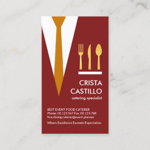 Tarjeta De Visita Red Waiter Suit Tie Gold Cutlery Caterer