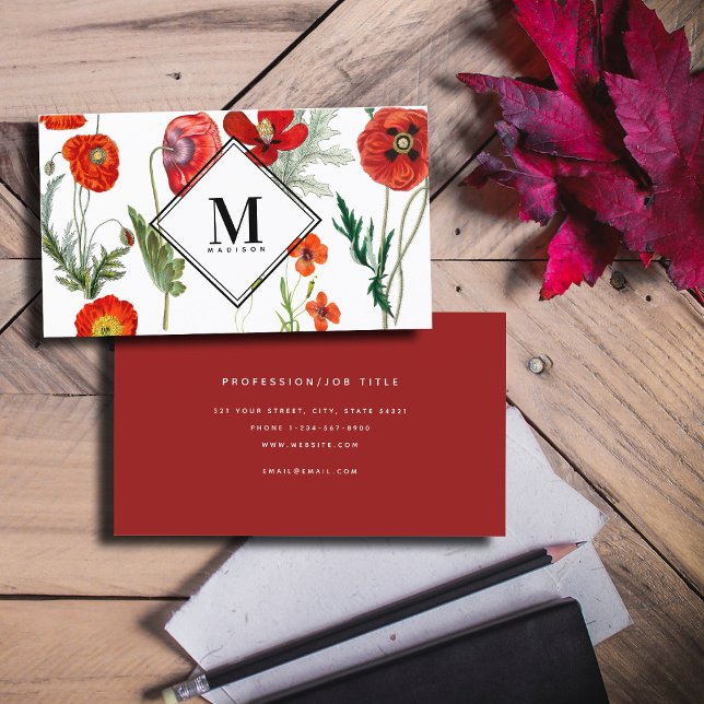 Tarjeta De Visita Red Watercolor Poppies Florals Profesional (Red Watercolor Poppies Florals Professional Business Card)