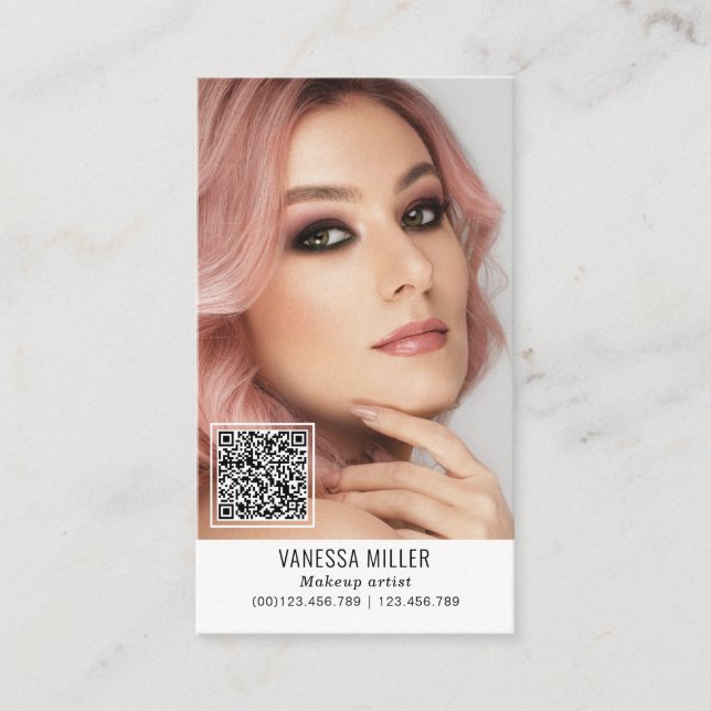 Tarjeta De Visita Redes QR maquillaje de código artista foto vertica (Anverso)