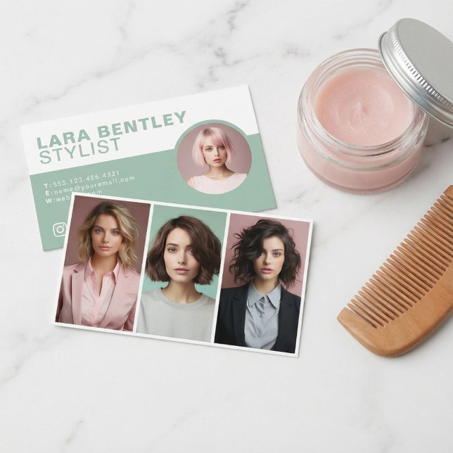 Tarjeta De Visita Redes sociales de estilo fotográfico triple, foto  (Triple photo stylist social media, profile photo business card.)