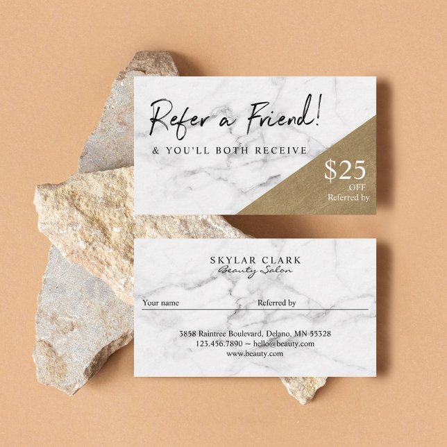 Tarjeta De Visita Refiérase A Un Amigo Elegante Mármol Y Remisión De (Refer A Friend Elegant Marble & Gold Referral Business Card)