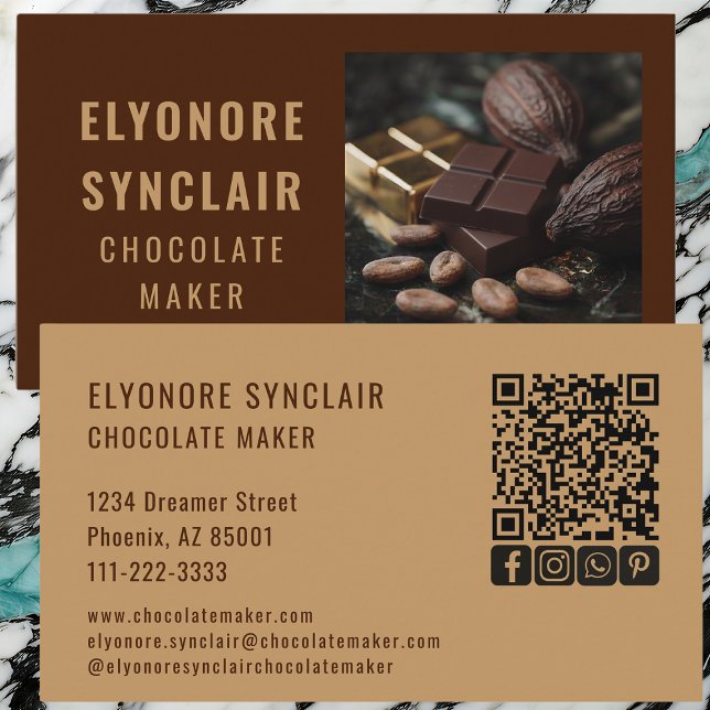 Tarjeta De Visita Refined Brown Chocolate Maker Photo Social QR Code (Subido por el creador)