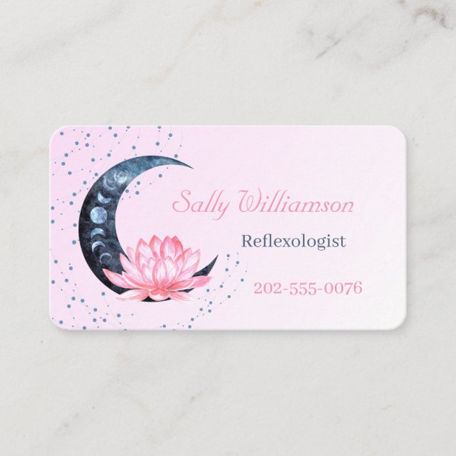 Tarjeta De Visita Reflexología Código QR Moon de flores de Lotus ros (Anverso)