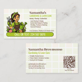 Tarjeta De Visita Regadera Verde Jardinera Niña QR Cuidado del Céspe