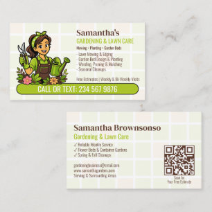 Tarjeta De Visita Regadera Verde Jardinera Niña QR Cuidado del Céspe