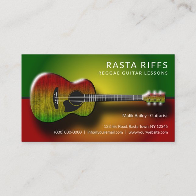 Tarjeta De Visita Reggae Rasta Riffs Guitar Lecciones de Música (Anverso)