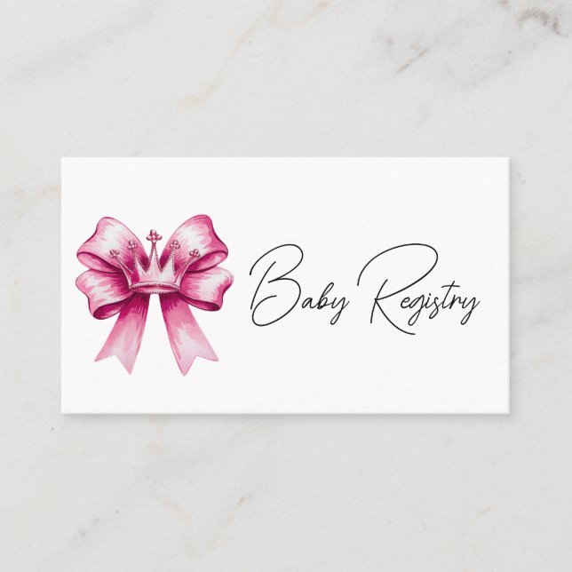 Tarjeta De Visita Registro de Baby Shower Rosado Bow y Crown (Anverso)