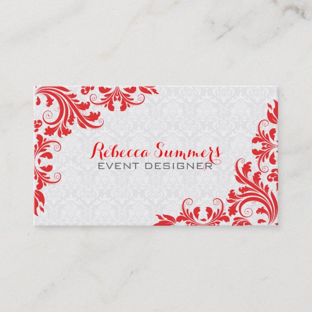 Tarjeta De Visita Rejillas blancas de encaje rojo elegantes (Anverso)