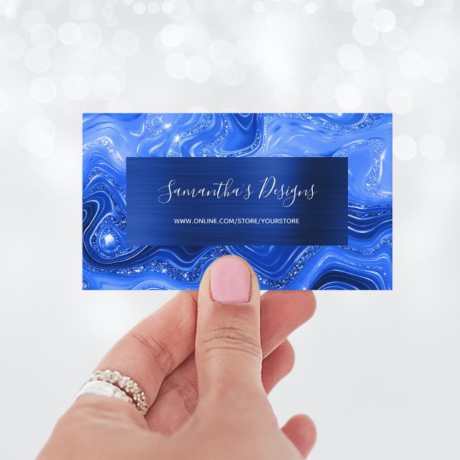 Tarjeta De Visita Relieve metalizado de la Marina Glam de Luxury Roy (Luxury Royal Blue Marble Agate Glam Navy Foil Business Card)
