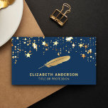 Tarjeta De Visita Relieve metalizado dorado azul Feather Vintage Qui<br><div class="desc">Tarjeta profesional de negocios con hermosas estrellas doradas confitadas con falsos acentos de Relieve metalizado dorado sobre un fondo azul marino. Añade tu nombre y datos de contacto para hacer una primera impresión duradera.</div>