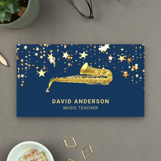 Tarjeta De Visita Relieve metalizado dorado Confetti Elegante Saxofo (Subido por el creador)