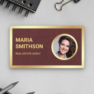 Tarjeta De Visita Relieve metalizado dorado de cuero marrón foto age