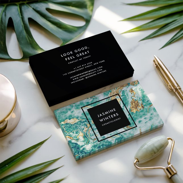 Tarjeta De Visita Relieve metalizado dorado de mármol turquesa acuar (Gold foil turquoise marble watercolor chic elegant)