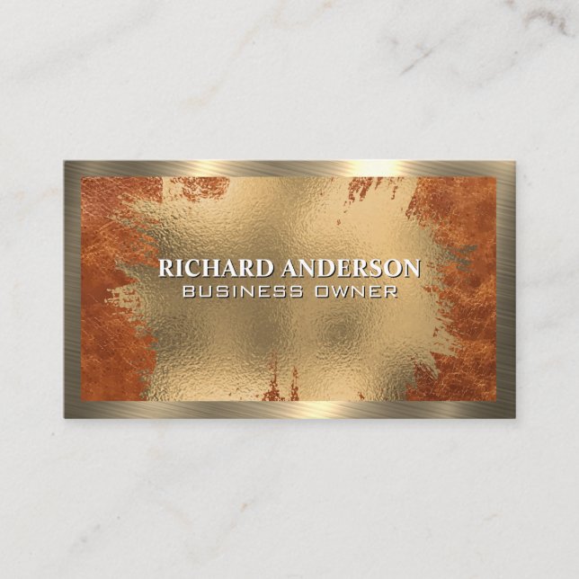 Tarjeta De Visita Relieve metalizado dorado de moda | Cuero marrón | (Anverso)
