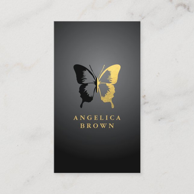 Tarjeta De Visita Relieve metalizado dorado falso y mariposa negra (Anverso)