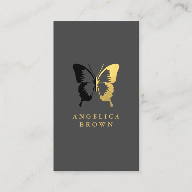 Tarjeta De Visita Relieve metalizado dorado falso y mariposa negra (Anverso)