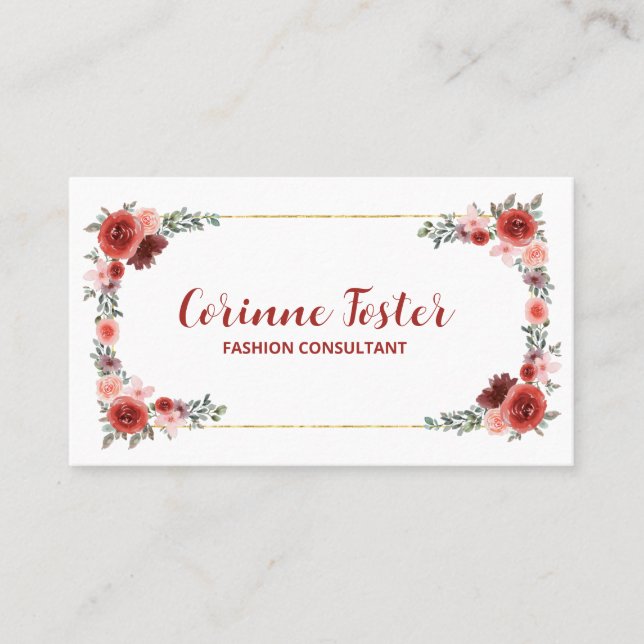Tarjeta De Visita Relieve metalizado dorado floral rosa de frambuesa (Anverso)