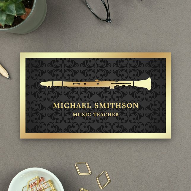 Tarjeta De Visita Relieve metalizado dorado negro Damask Clarinet Mu (Subido por el creador)