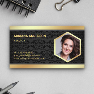 Tarjeta De Visita Relieve metalizado dorado negro de Damasco Realtor