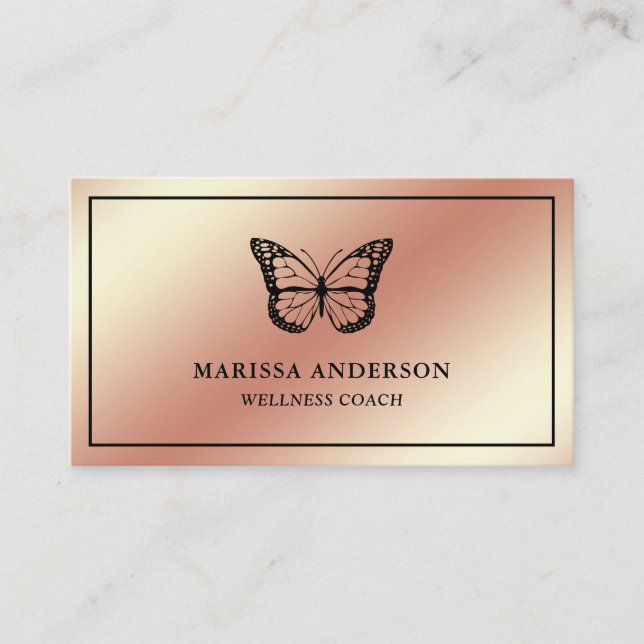 Tarjeta De Visita Relieve metalizado dorado Rosa elegante mariposa n (Anverso)