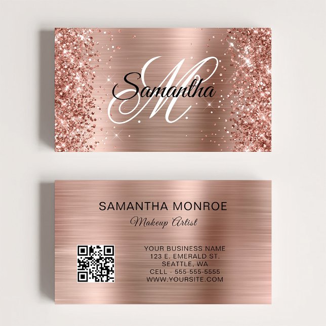 Tarjeta De Visita Relieve metalizado dorado Rosa Purpurinoso Monogra (Glittery Rose Gold Foil Monogram QR Code Business Card)