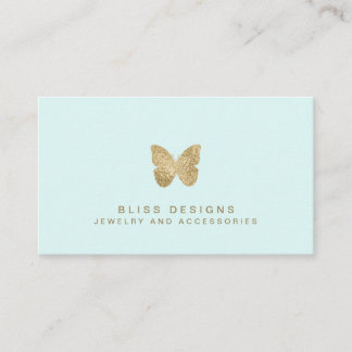 Tarjeta De Visita Relieve metalizado dorado Verde Mint Mariposa Eleg