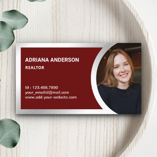 Tarjeta De Visita Relieve metalizado plateado Rojo Oscuro Realtor de